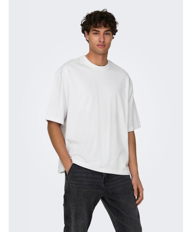 ONLY & SONS Hvid Oversized T-shirt til Herre – Blød Bomuldsblanding & Moderne Box Fit billede 3