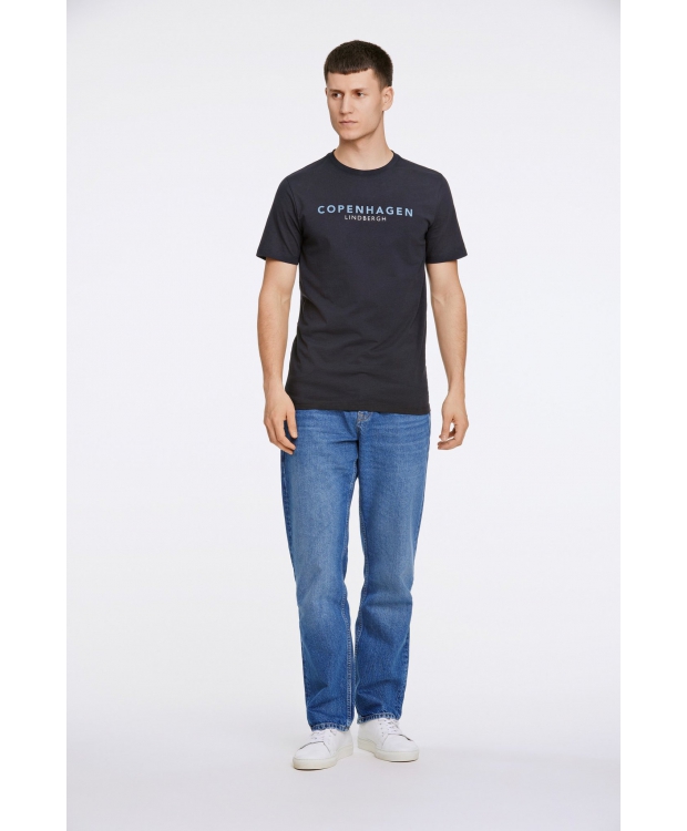Lindbergh O-Neck T-shirt i navy m. logo til herre billede 4