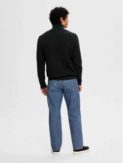 Selected cardigan i sort lavet af økologisk bomuld med halv lynlås til herre