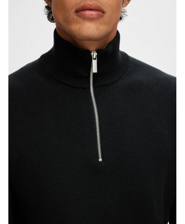 Selected cardigan i sort lavet af økologisk bomuld med halv lynlås til herre billede 3