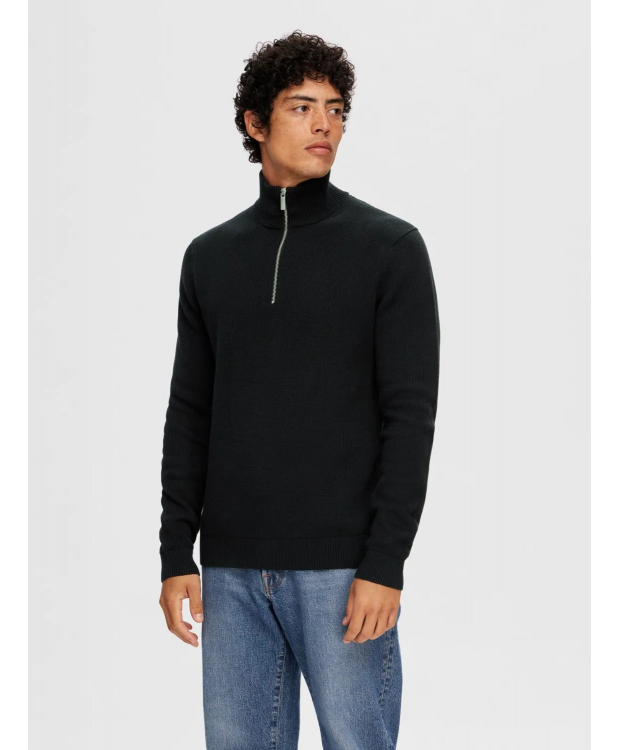 Selected cardigan i sort lavet af økologisk bomuld med halv lynlås til herre billede 5