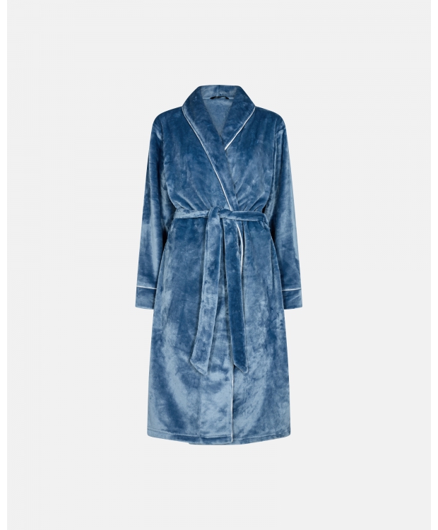 DECOY Lang Morgenkåbe med Piping i Velour til Kvinder i Blå - OUTLET billede 2
