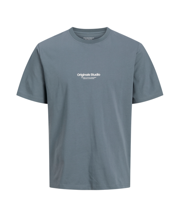 Jack & Jones Junior T-shirt i Stormy blå med tekst print til drenge billede 3