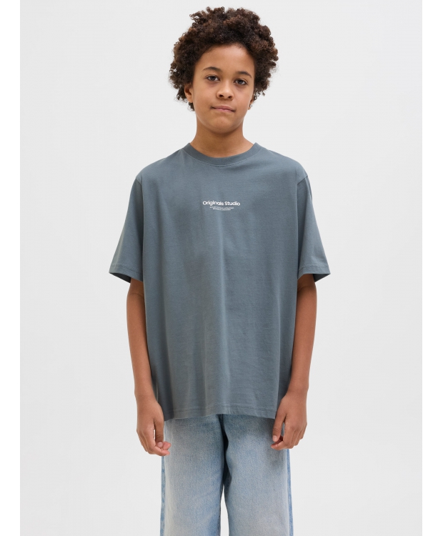 Jack & Jones Junior T-shirt i Stormy blå med tekst print til drenge billede 1