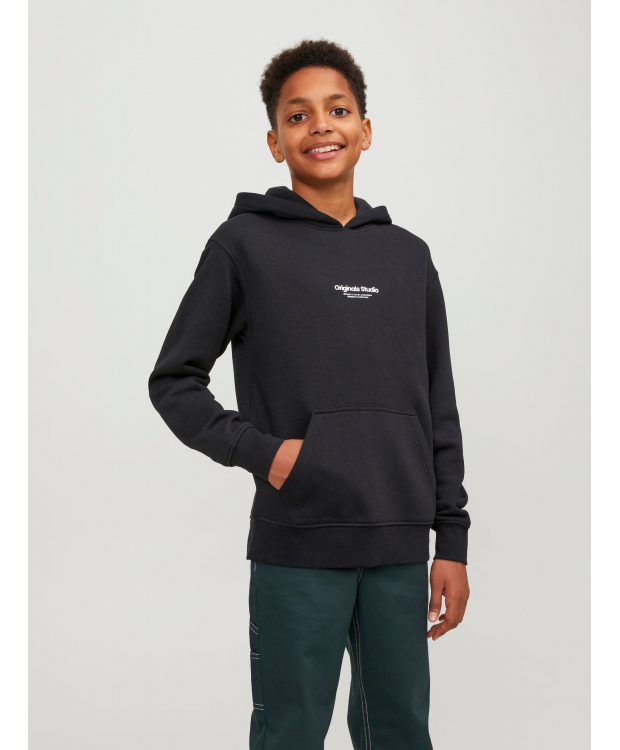 Jack & Jones Junior hoodie i sort med tekst print til drenge billede 1