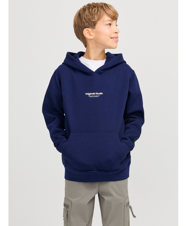 Jack & Jones Junior hoodie i Ocean navy med tekst print til drenge billede 1