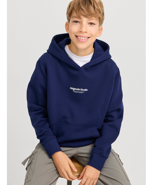 Jack & Jones Junior hoodie i Ocean navy med tekst print til drenge billede 3