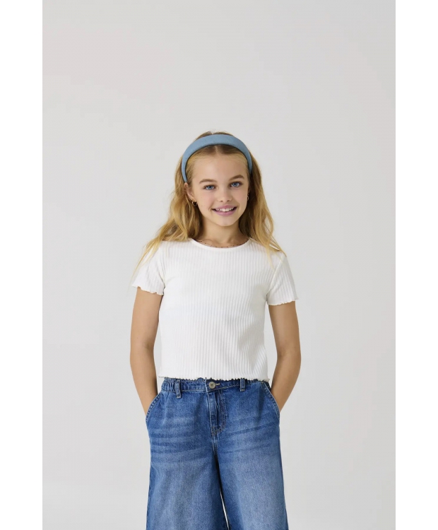 KIDS ONLY KOGNELLA hvid stretch T-shirt med flæser til piger – OUTLET billede 1