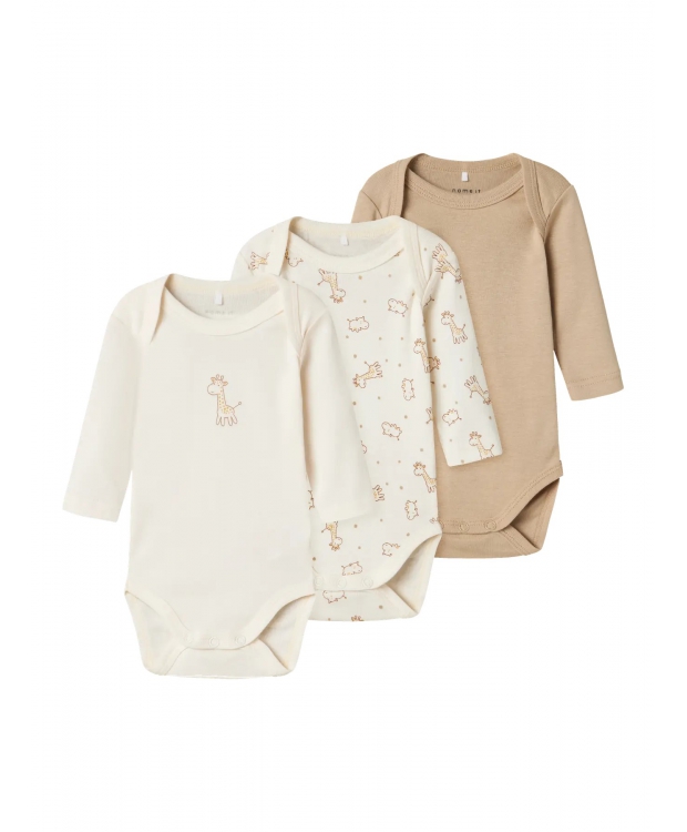 Name It 3pak Bodystocking i beige med giraf til baby billede 1