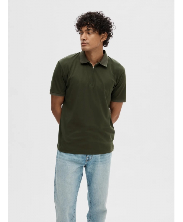 Selected Homme polo t-shirt med lynlås i mørkegrøn til herre - OUTLET billede 2