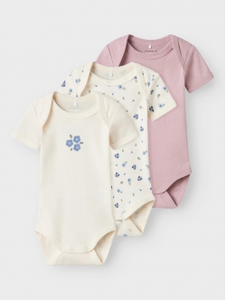 Name It 3-pak bodystockings i lyserød og hvid med blomster til baby