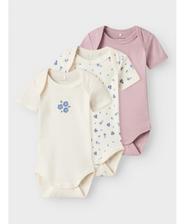 Name It 3-pak bodystockings i lyserød og hvid med blomster til baby billede 1