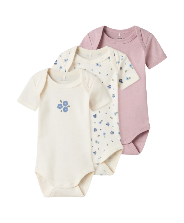 Name It 3-pak bodystockings i lyserød og hvid med blomster til baby billede 8