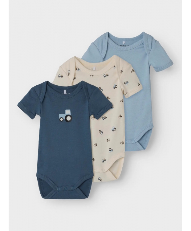 Name It 3-pak bodystockings i blå og hvid med traktorer til baby billede 3