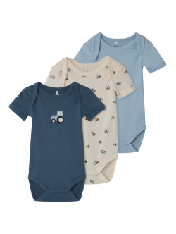 Name It 3-pak bodystockings i blå og hvid med traktorer til baby