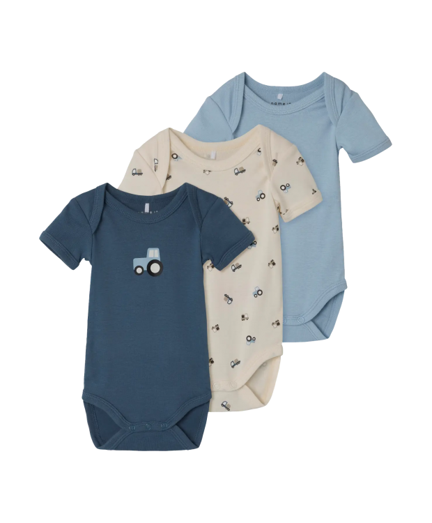 Name It 3-pak bodystockings i blå og hvid med traktorer til baby billede 1