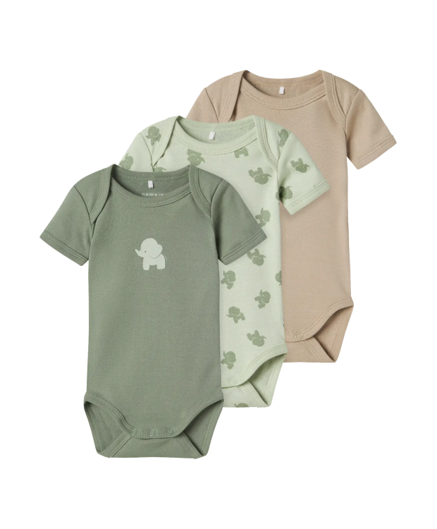 Name It 3-pak bodystockings i grøn med elefanter til baby billede 1