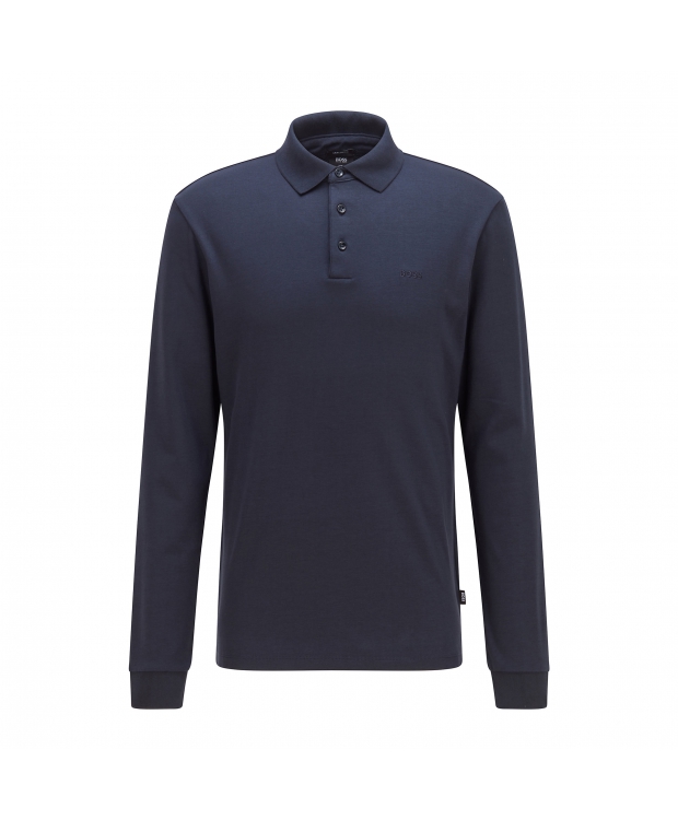 BOSS langærmet poloshirt med økologisk bomuld i navy til herre billede 1