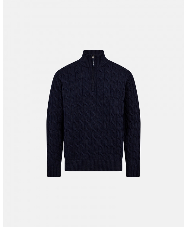 Dovre strikket pullover med lynlås i navy til unisex billede 1