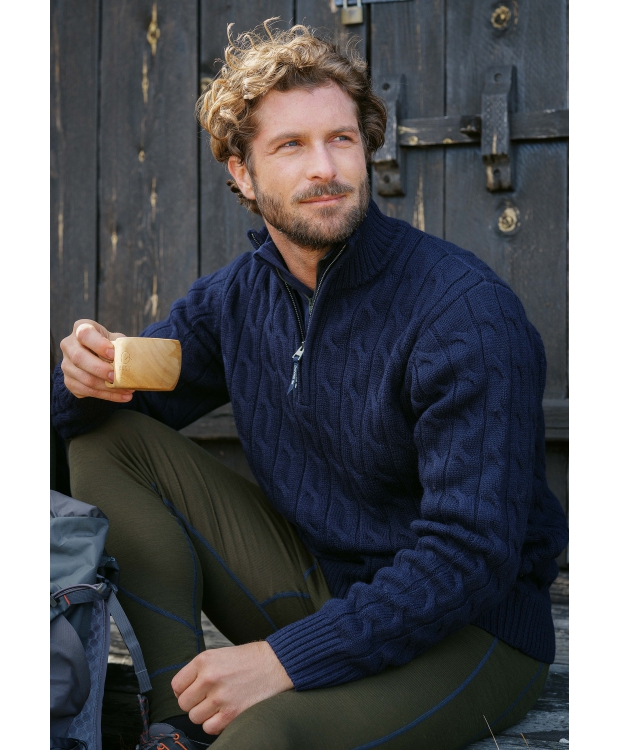 Dovre strikket pullover med lynlås i navy til unisex billede 2