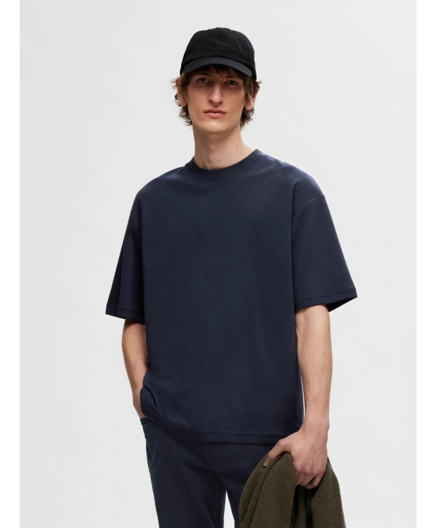 SELECTED T-shirt med rund hals i navy til herre billede 1