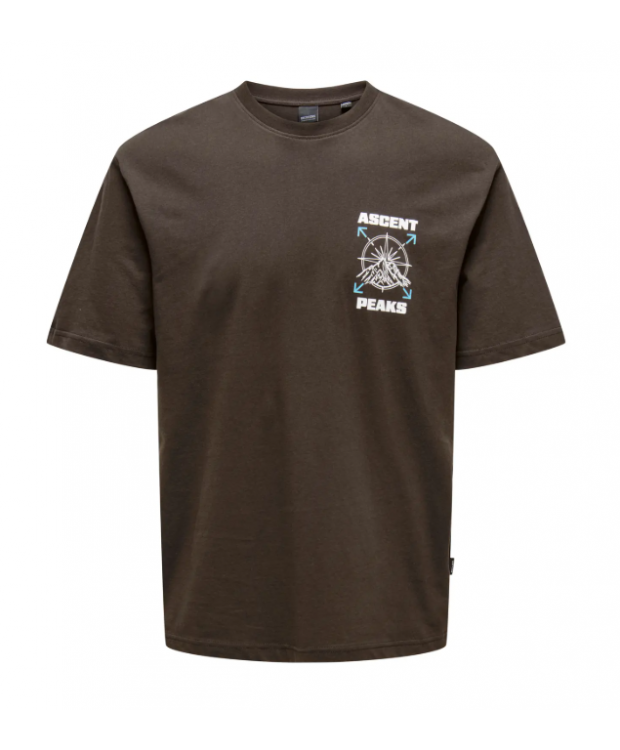ONLY & SONS T-shirt i mørkebrun med Ascent Peaks-print til herre billede 6