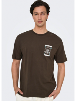 ONLY & SONS T-shirt i mørkebrun med Ascent Peaks-print til herre