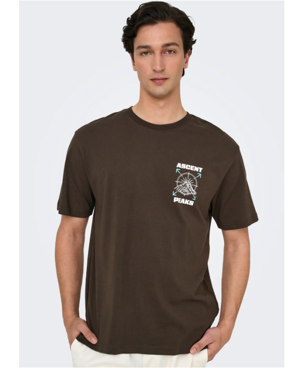 ONLY & SONS T-shirt i mørkebrun med Ascent Peaks-print til herre billede 1