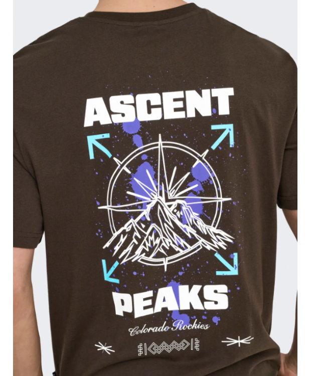 ONLY & SONS T-shirt i mørkebrun med Ascent Peaks-print til herre billede 5