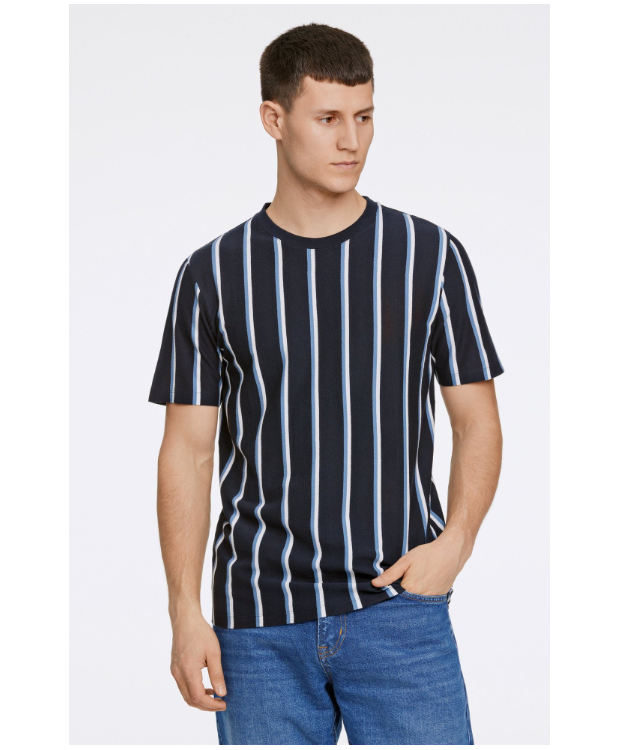 Lindbergh T-shirt med rund hals i navyblå med striber til herre billede 1