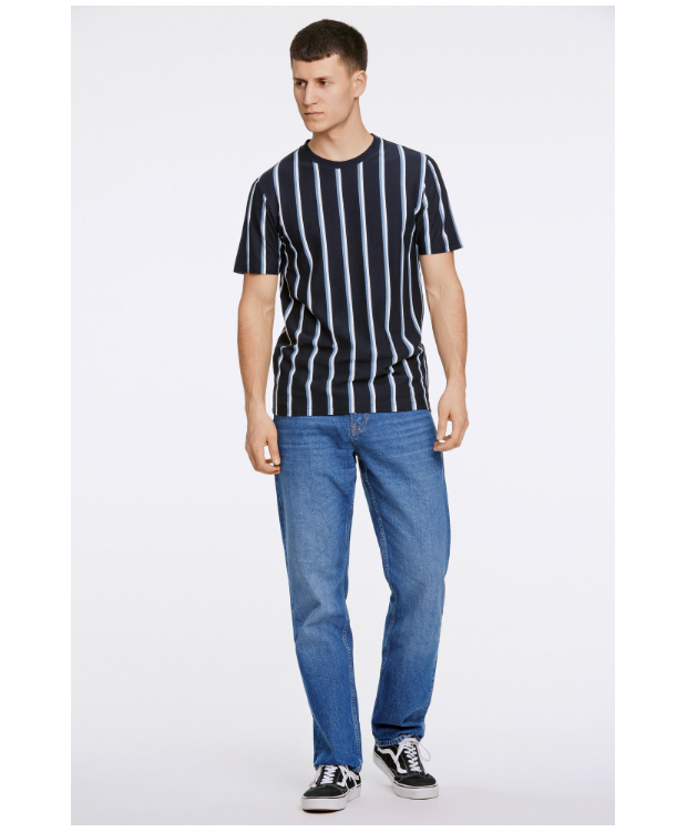 Lindbergh T-shirt med rund hals i navyblå med striber til herre billede 3
