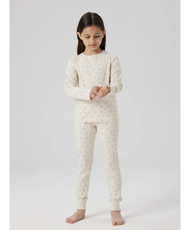 Name It pyjamassæt med blomsterprint i lys beige til piger billede 1