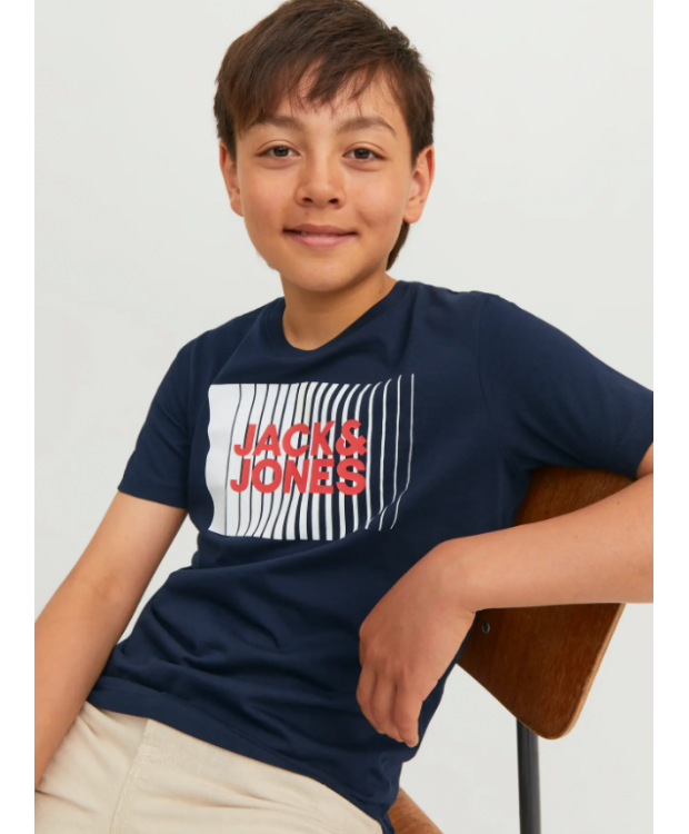 Jack & Jones Junior T-shirt i navyblå med print til drenge billede 2