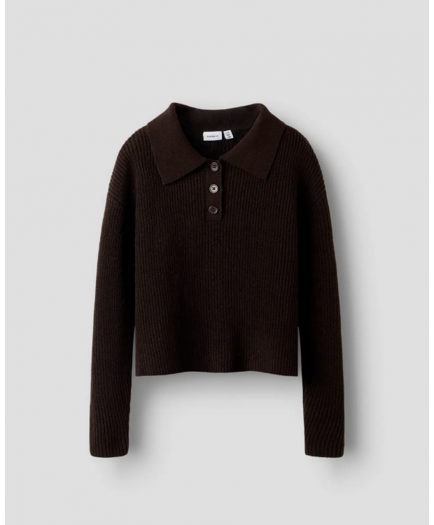 Name It langærmet strikpoloshirt i brun til piger billede 1