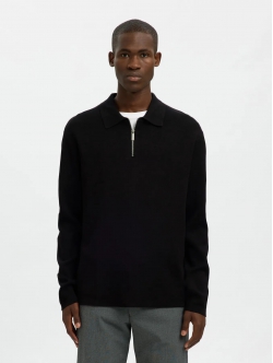 SELECTED relaxed fit-poloshirt med halv lynlås i sort til herre