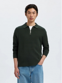 Selected relaxed half zip Polo i Deep Forest til herre - OUTLET