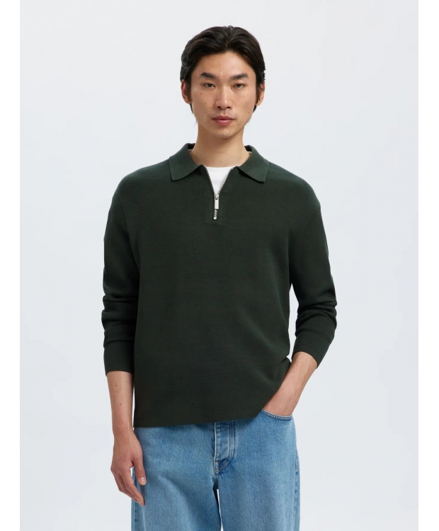 Selected relaxed half zip Polo i Deep Forest til herre - OUTLET billede 1