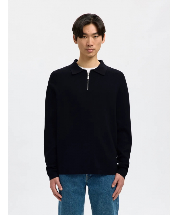 Selected relaxed fit half zip-poloshirt i Sky Captain til herre billede 1