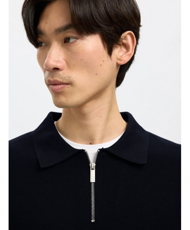 Selected relaxed fit half zip-poloshirt i Sky Captain til herre billede 4
