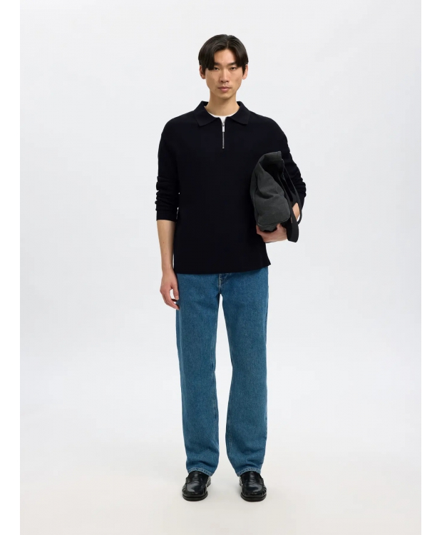Selected relaxed fit half zip-poloshirt i Sky Captain til herre billede 5