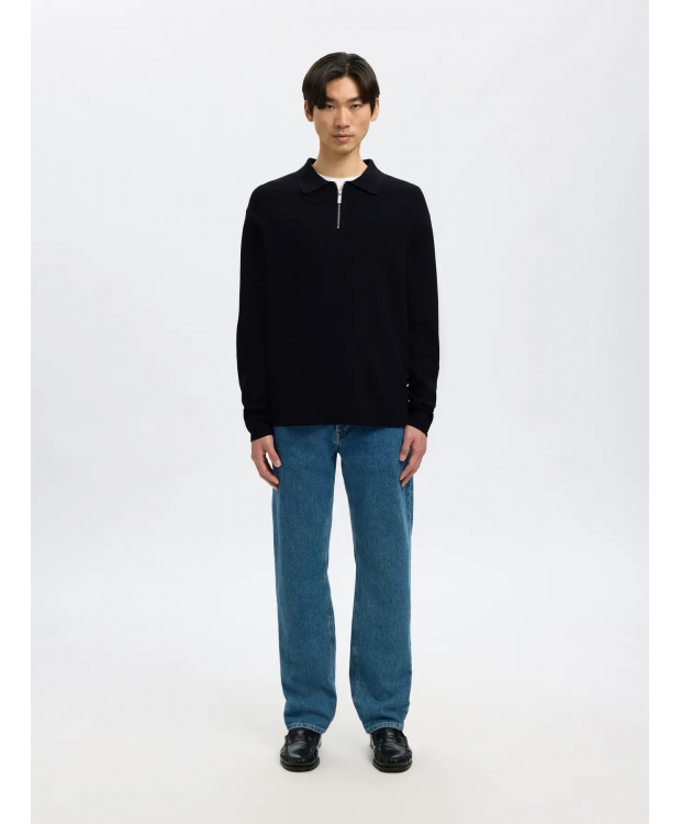 Selected relaxed fit half zip-poloshirt i Sky Captain til herre billede 6