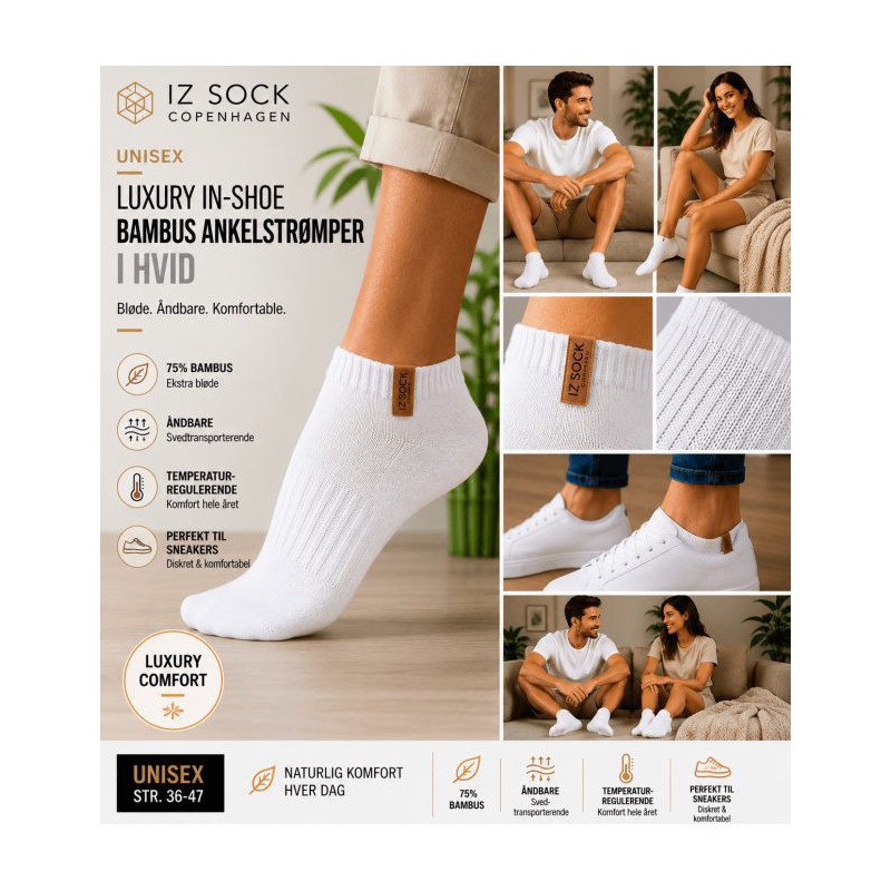 iZ Sock In-Shoe bambus-ankelstrømper i hvid til dame og herre billede 2