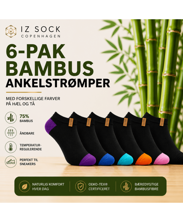 IZ Sock Copenhagen 6-pak Bambus Ankelstrømper med Farvet Hæl og Tå – Unisex billede 4