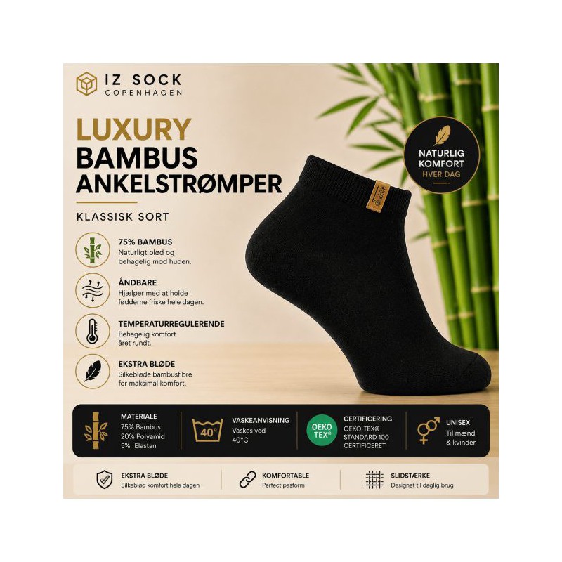 iZ Sock Luxury bambus-ankelstrømper sort unisex billede 2