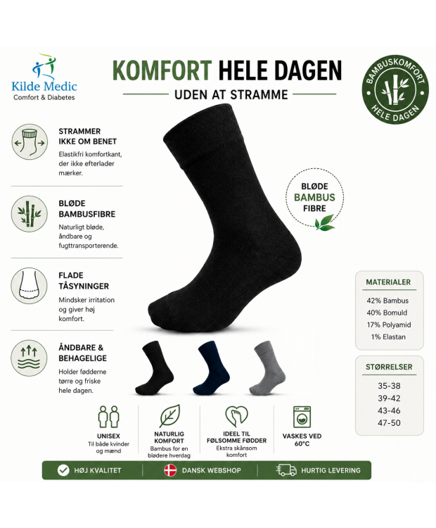 Kilde Comfort diabetes bambusstrømper sort unisex billede 5