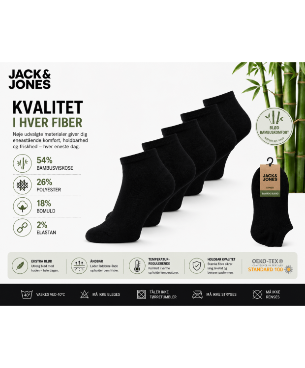 Jack & Jones bambus-ankelstrømper 5-pak sort til herre – Onesize billede 4