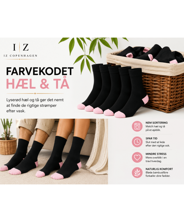 iZ Sock bambusstrømper med lyserød hæl og tå – unisex billede 4