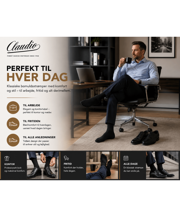 Claudio klassiske bomuldsstrømper sort herre 40–47 billede 4