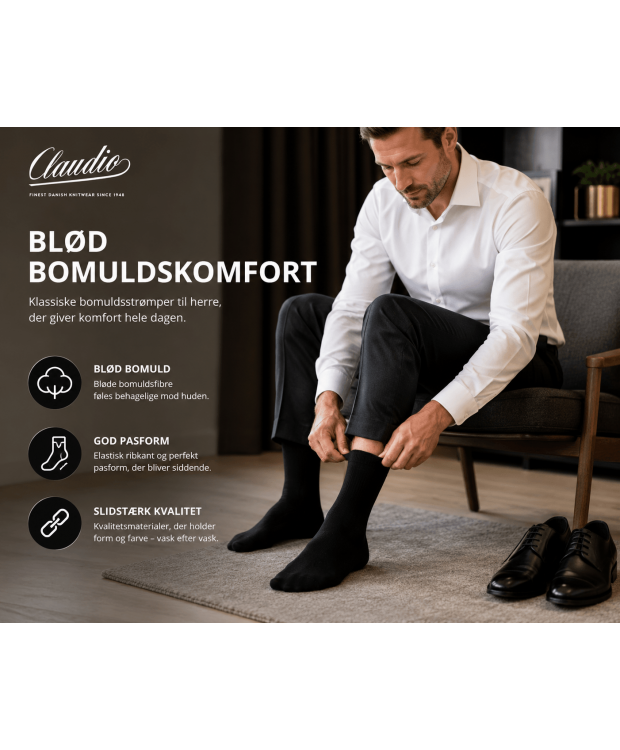 Claudio klassiske bomuldsstrømper sort herre 40–47 billede 3