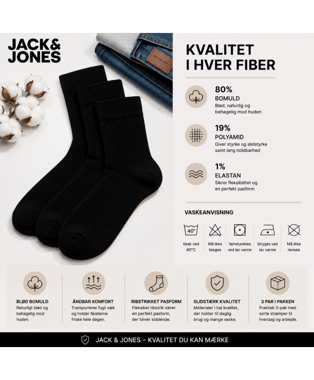 Jack & Jones 3-pak sorte ribstrømper til herre – onesize billede 5